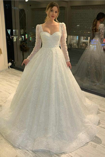 White Tulle Long Sleeves Wedding Dresses,Bridal Dresses With Applique  CHW0168