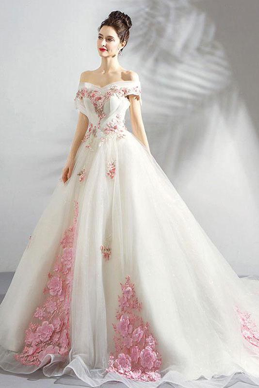 Unique Off the Shoulder Tulle Wedding Dress with Pink Flowers Ball Gown Wedding Gown UQ2584