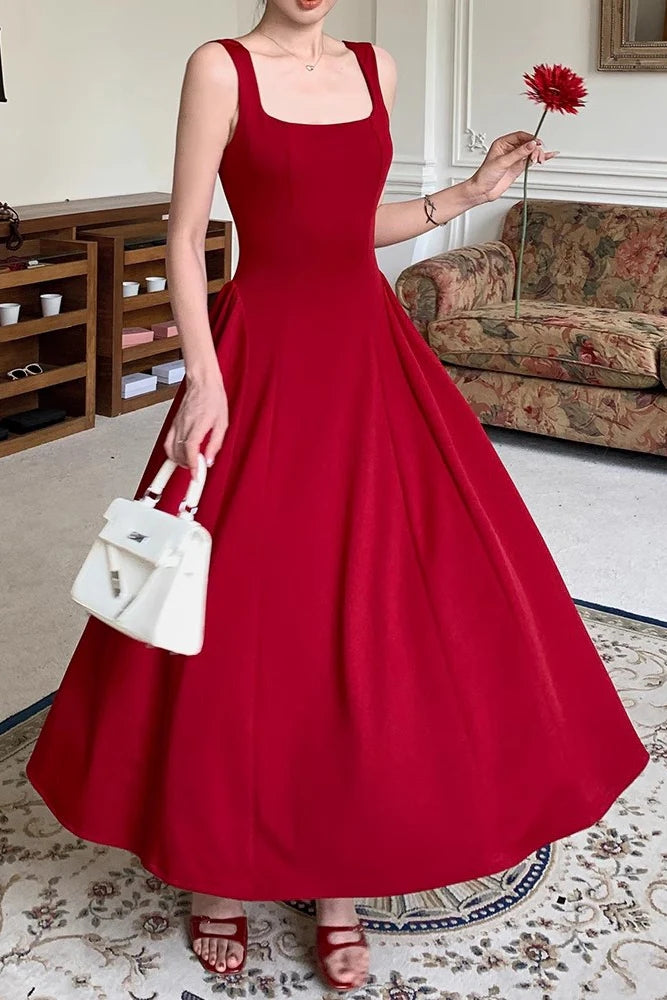 Burgundy Ankle Length Square Neck Sleeveless Stretch Satin Prom Dress CHP0385