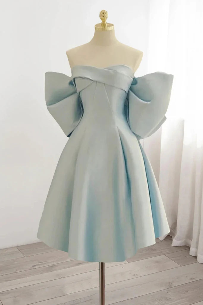 Light Blue Off The Shoulder Satin Homecoming Dress, A Line Short Formal Gown With Bowknot chh0184