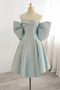 Light Blue Off The Shoulder Satin Homecoming Dress, A Line Short Formal Gown With Bowknot chh0184