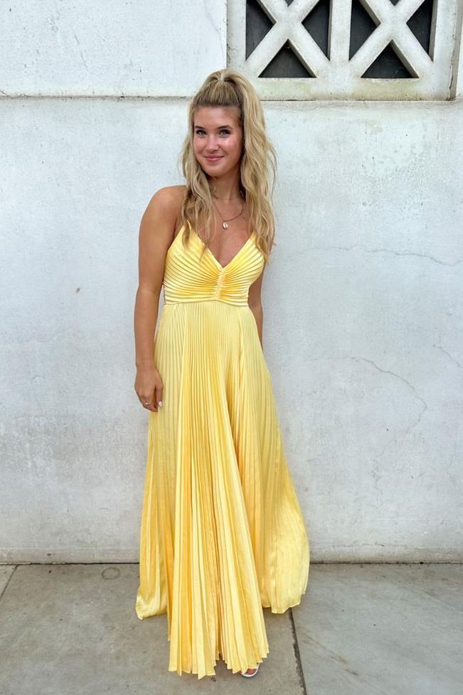 A-line Yellow Spaghetti Straps Satin Prom Dress Formal Dress with Pleats CHP0387