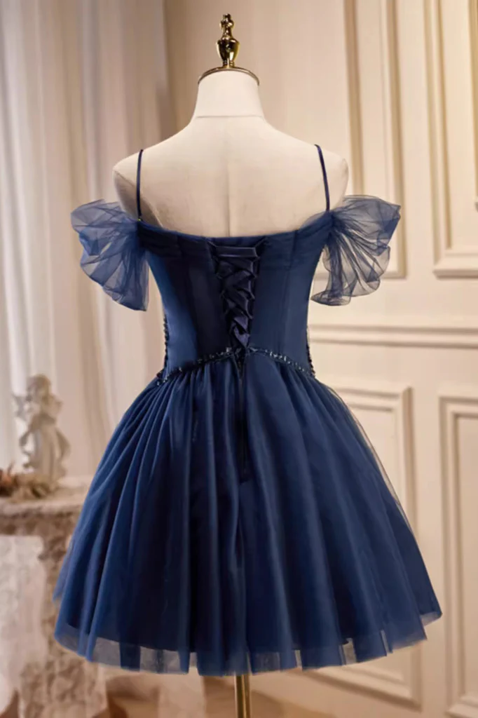 Dark Blue Spaghetti Straps Short Tulle Hoco Dress With Beading, Sweet 16 Dresses chh0176