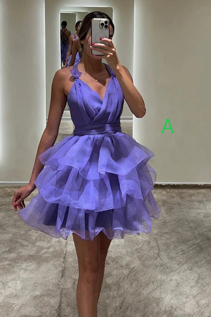 Hot Pink Organza Short Prom Dresses A Line Tiered V-Neck Homecoming Dress chh0170