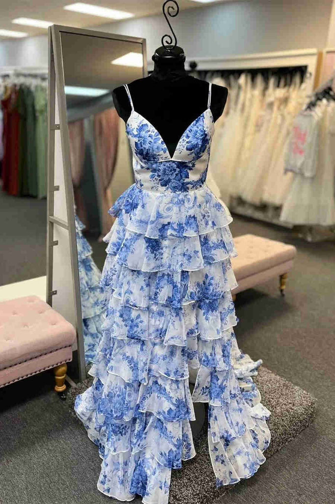 A-line Straps Blue Floral Print Prom Dresses, Layered Slit Graduation Gown CHP0369