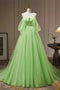 Off The Shoulder A Line Tulle Long Prom Dress, Green Formal Gown With Sequins CHP0296