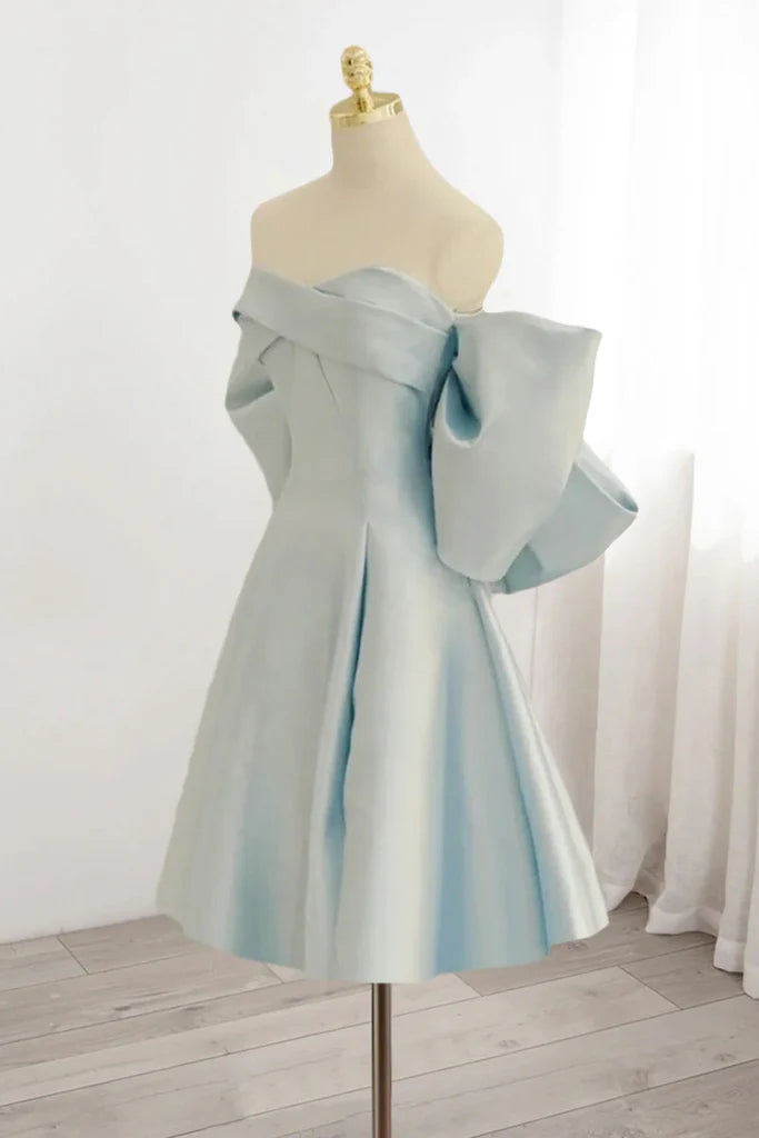 Light Blue Off The Shoulder Satin Homecoming Dress, A Line Short Formal Gown With Bowknot chh0184