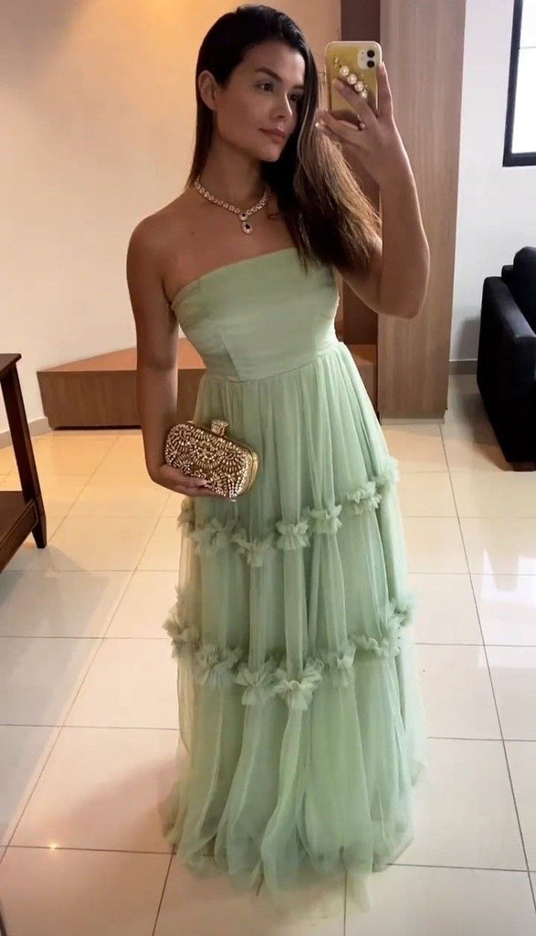 Elegant Strapless Long Mint Green Prom Dress Tulle Formal Party Gown CHP0370