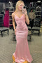 Spaghetti Straps Pink Mermaid Appliques Prom Dresses, Backless Evening Dress CHP0352