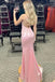 Spaghetti Straps Pink Mermaid Appliques Prom Dresses, Backless Evening Dress CHP0352