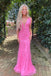 Hot Pink Mermaid Deep V-Neck Prom Dress With Appliques, Long Formal Dresses CHP0300