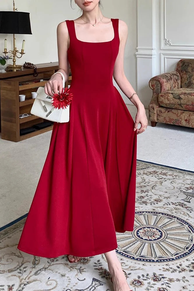 Burgundy Ankle Length Square Neck Sleeveless Stretch Satin Prom Dress CHP0385