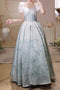 Puffy Square Neck Light Blue Long Prom Dress, A Line Tiered Party Gown CHP0397