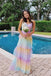 A Line Rainbow Spaghetti Straps Floor Length Prom Dresses With Slit CHP0384