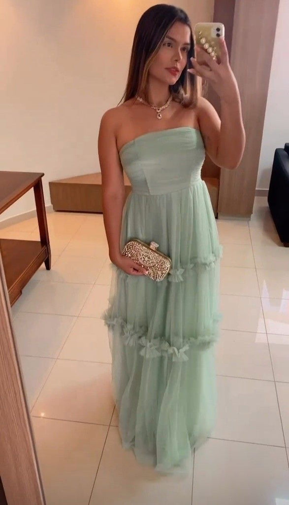 Elegant Strapless Long Mint Green Prom Dress Tulle Formal Party Gown CHP0370