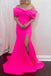 Hot Pink Off Shoulder Satin Bowknot Mermaid Prom Dress, Slit Long Formal Gown CHP0355