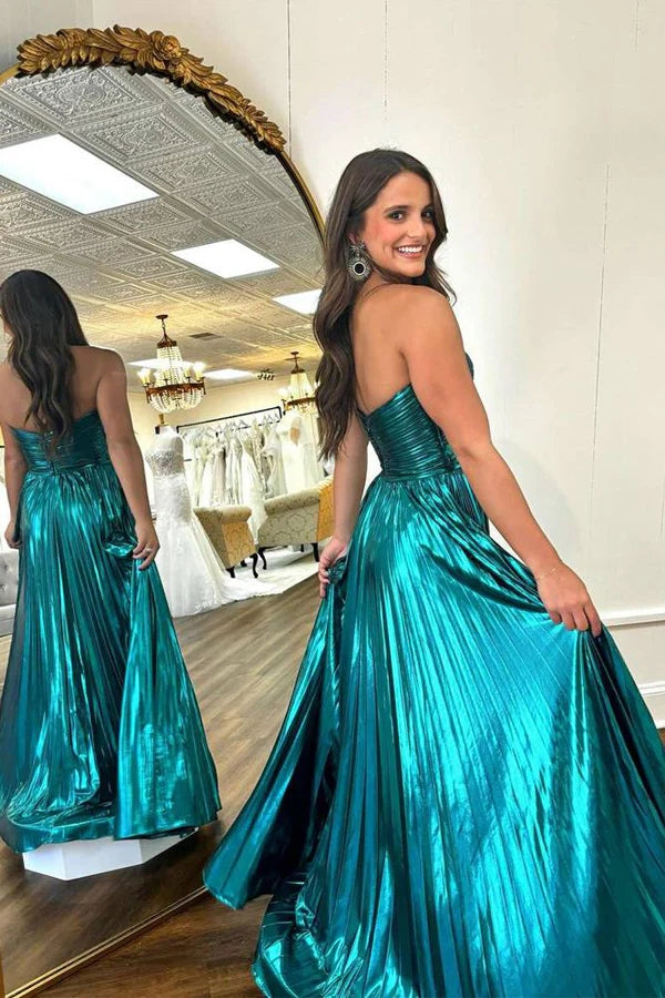 A-line Sweetheart Metallic Pleated Long Prom Dress With Pleats CHP0388