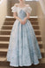 Puffy Square Neck Light Blue Long Prom Dress, A Line Tiered Party Gown CHP0397