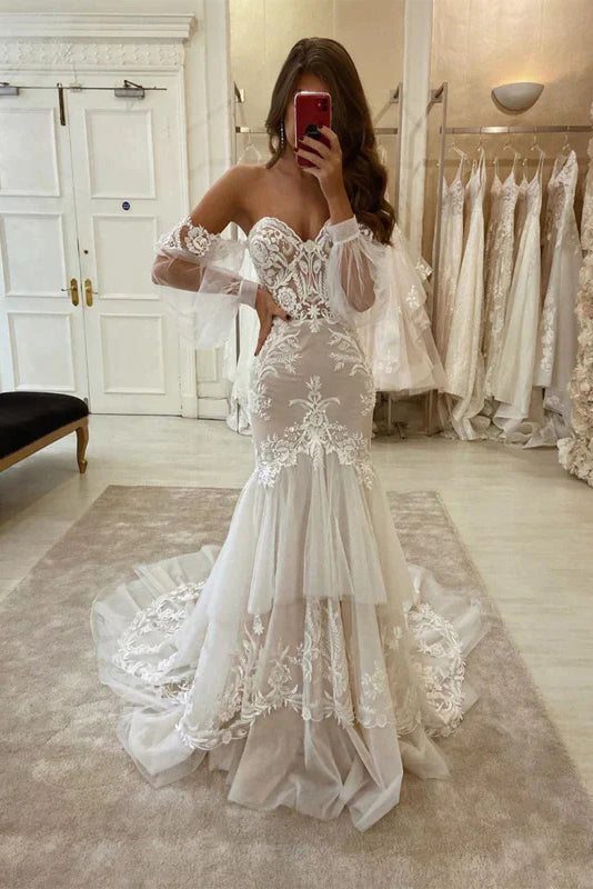 Charming Mermaid Lace Detachable Sleeve Bridal Dresses, Wedding Dress CHW0164