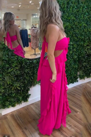 Hot Pink Halter Cut Out Ruffle Long Formal Prom Dress CHP0314