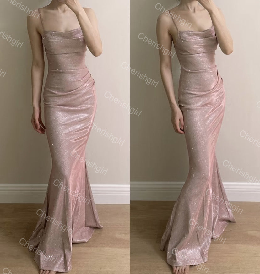 Sparkly Mermaid Spaghatti Straps Light Pink Prom Dress, Long Evening Dresses CHP0411