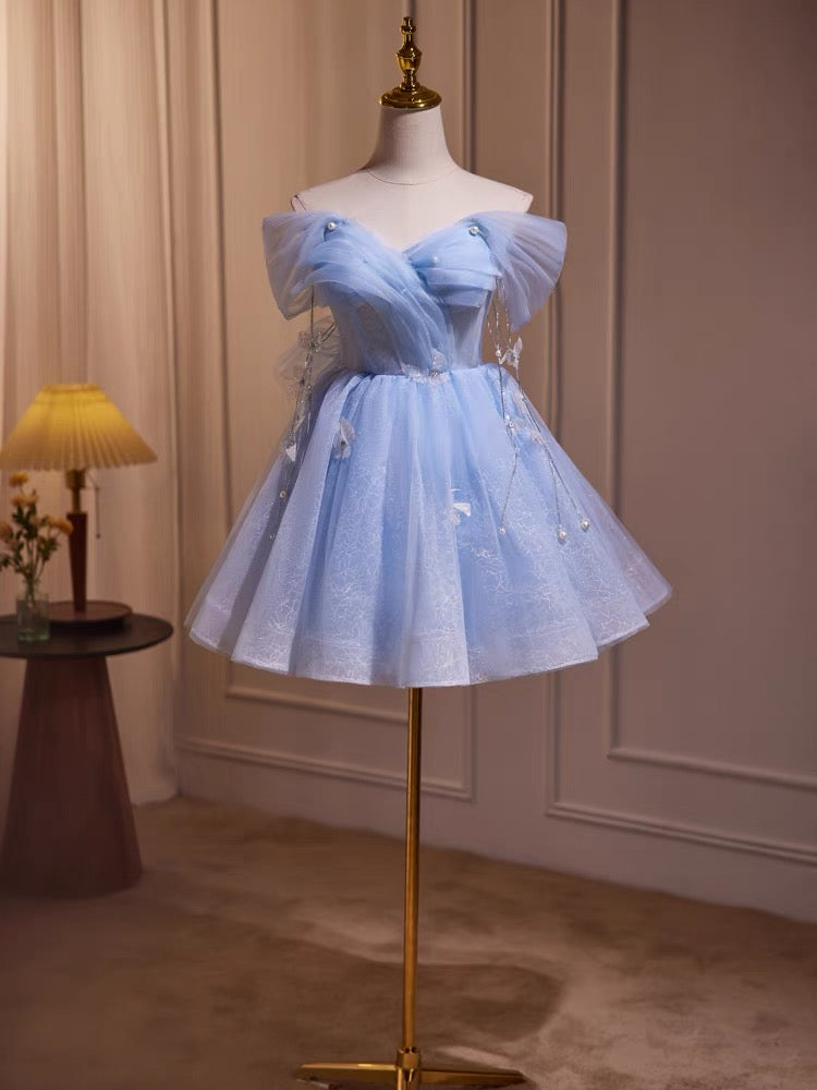 Off-the-Shoulder Blue Tulle Mini Homecoming Dress chh0169