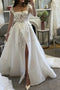 Unique Lace Applique Long Sleeves A-Line Wedding Dresses, Bridal Gown With Slit CHW0189