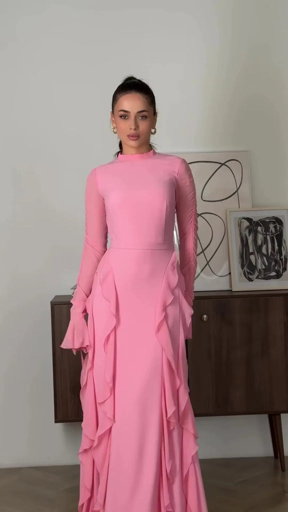 Pink Mermaid  Long Sleeves Prom Dress With Ruffles, Long Evening Dresses CHP0413