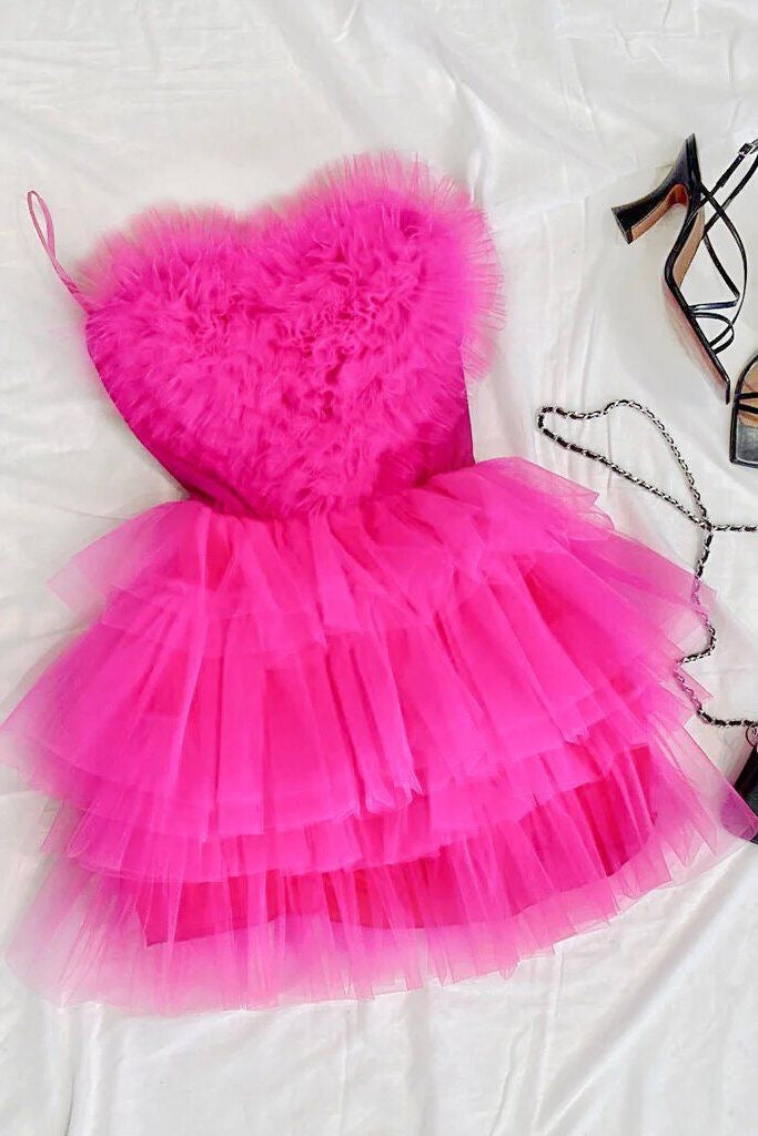 Hot Pink Spaghetti Straps Homecoming Dress With Layers, Party Gown, Graduation Dress chh0104