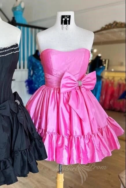 Strapless Ruffle Pink Homecoming Dress with Bow, A-line Short Prom Dress chh0172