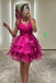 Hot Pink Organza Short Prom Dresses A Line Tiered V-Neck Homecoming Dress chh0170