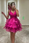 Hot Pink Organza Short Prom Dresses A Line Tiered V-Neck Homecoming Dress chh0170