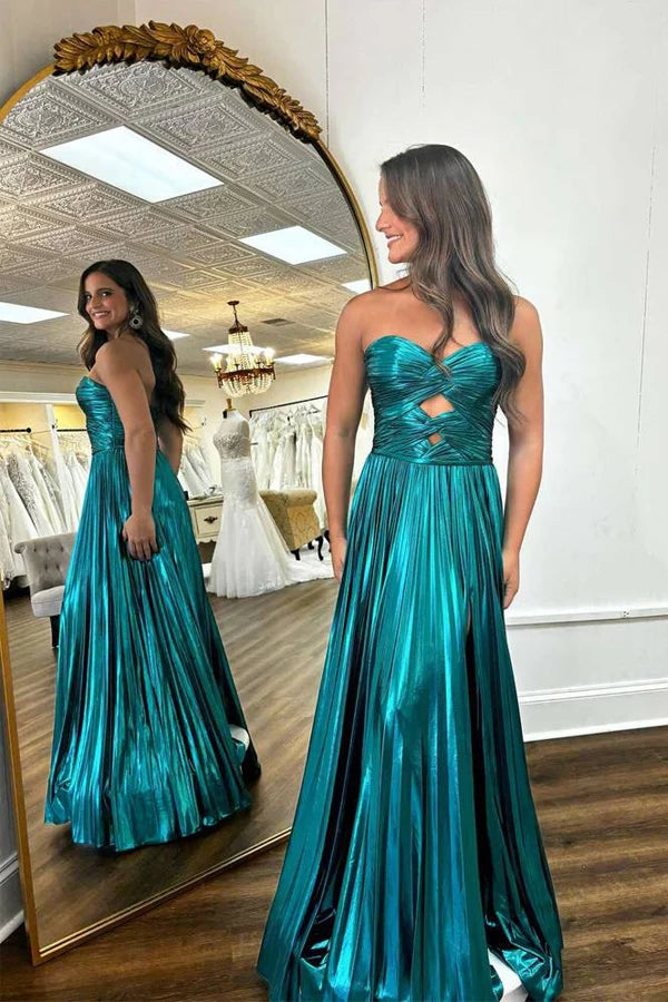 A-line Sweetheart Metallic Pleated Long Prom Dress With Pleats CHP0388