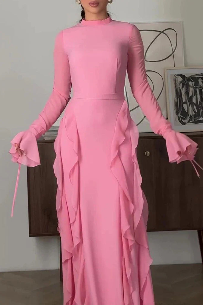 Pink Mermaid  Long Sleeves Prom Dress With Ruffles, Long Evening Dresses CHP0413