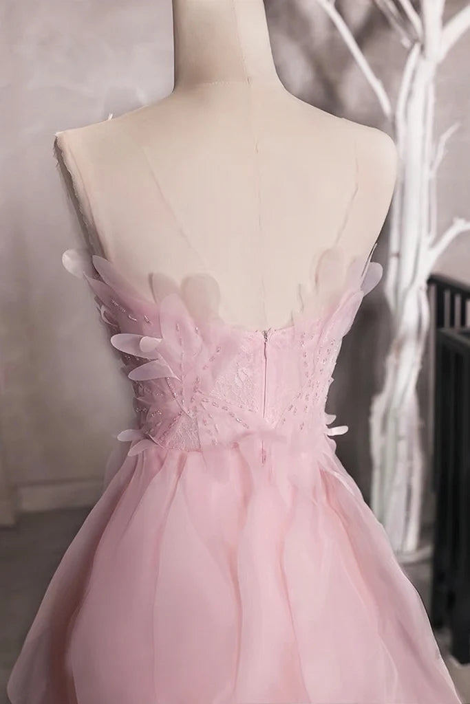 Princess Pink Beaded Ruffle Short Prom Dress Organza Homecoming Dress, Cute Party Dress chh0167