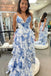 A-line Straps Blue Floral Print Prom Dresses, Layered Slit Graduation Gown CHP0369