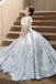 Puffy Square Neck Light Blue Long Prom Dress, A Line Tiered Party Gown CHP0397