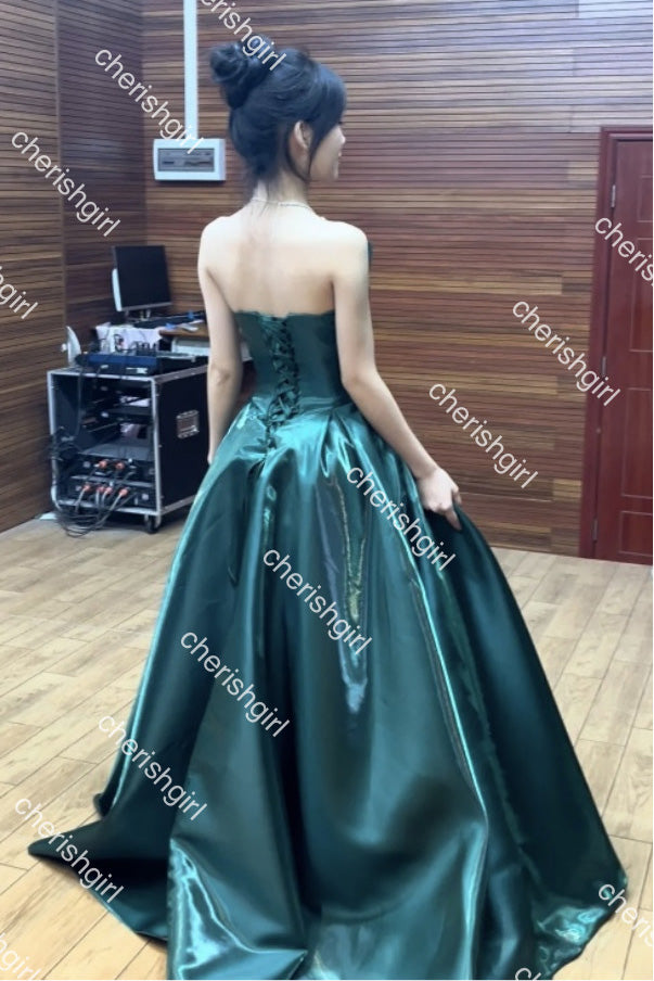 Glitter Dark Green Satin A-Line Long Prom Dress, Formal Dress With Lace CHP0408