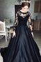 Illusion Lace A-Line Black Satin Long Sleeves Wedding Dress, Bridal Gown CHW0197