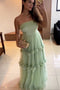 Elegant Strapless Long Mint Green Prom Dress Tulle Formal Party Gown CHP0370