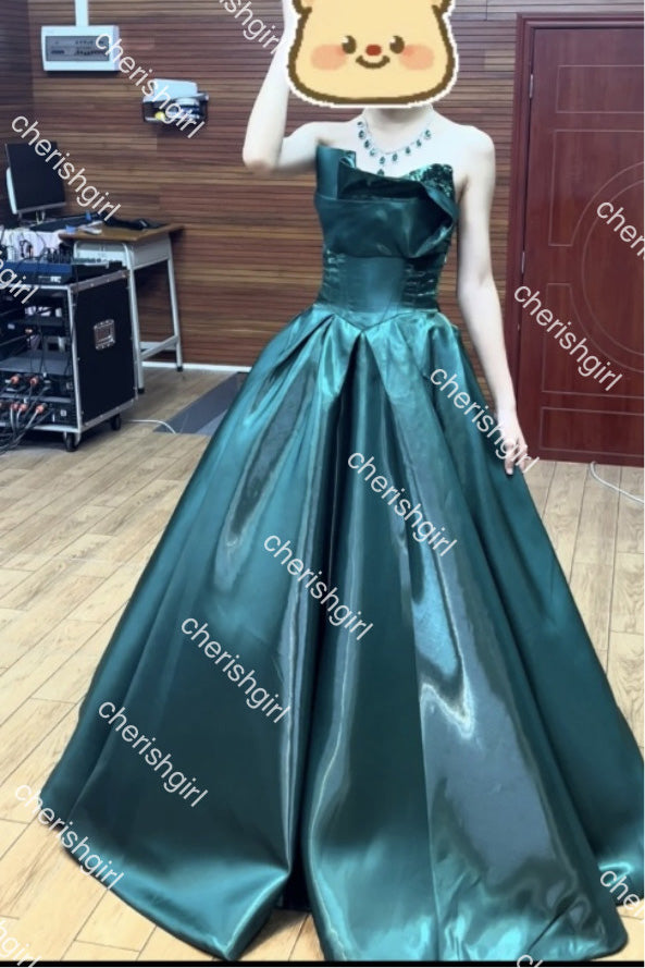 Glitter Dark Green Satin A-Line Long Prom Dress, Formal Dress With Lace CHP0408