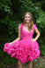 Off-the-Shoulder Hot Pink Mini Homecoming Dress With Flowers chh0178