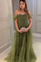 Off-the-Shoulder Long Green Tulle Prom Dress, Formal Party Gown CHP0371