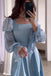 Light Blue Square Collar Belt Flare Sleeve Pleated Long Prom Dress , Formal Gown CHP0366