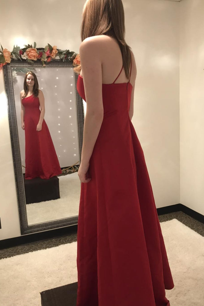 One-Shoulder Red Satin A-Line Long Prom Dresses,Evening Dress CHP0363