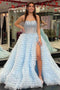 Spaghetti Straps Light Blue Long Prom Dress , Slit Long Formal Gown CHP0365