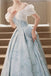 Puffy Square Neck Light Blue Long Prom Dress, A Line Tiered Party Gown CHP0397