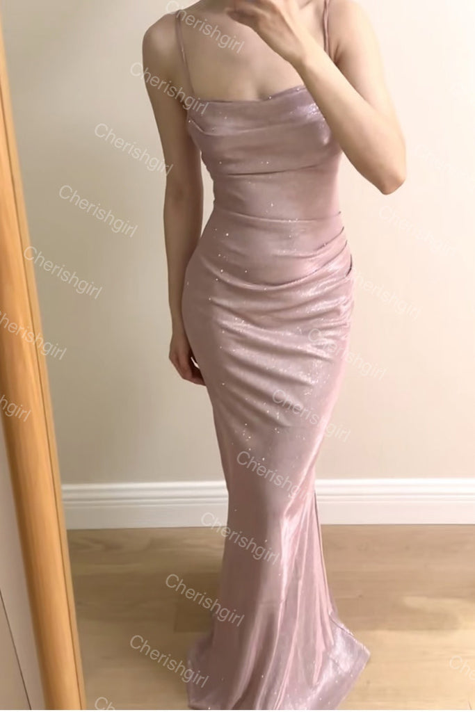 Sparkly Mermaid Spaghatti Straps Light Pink Prom Dress, Long Evening Dresses CHP0411