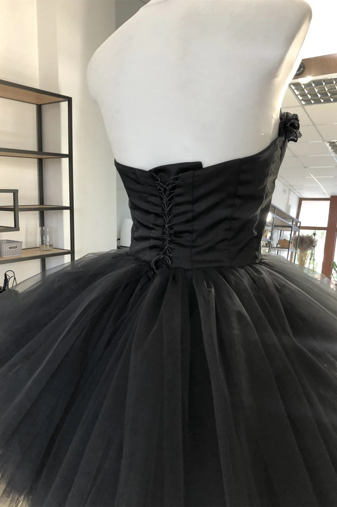 Black Sweetheart Tulle Short Homecoming Dress, Appliques Preppy Dress chh0168