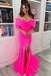 Hot Pink Off Shoulder Satin Bowknot Mermaid Prom Dress, Slit Long Formal Gown CHP0355